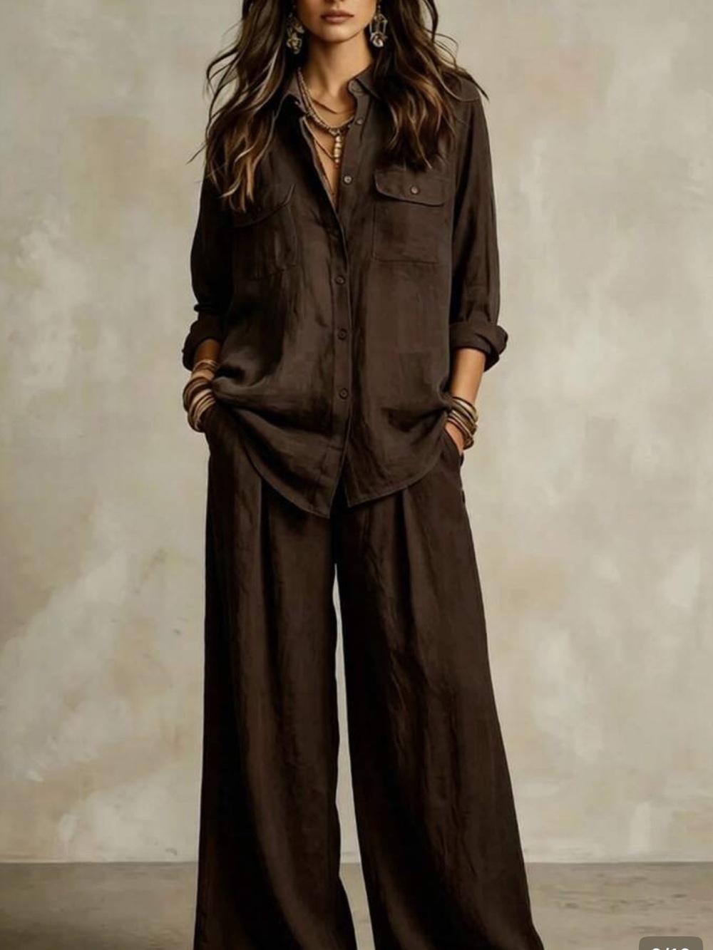 Women's Wide-Leg Button-Front Jumpsuit in Dark Brown